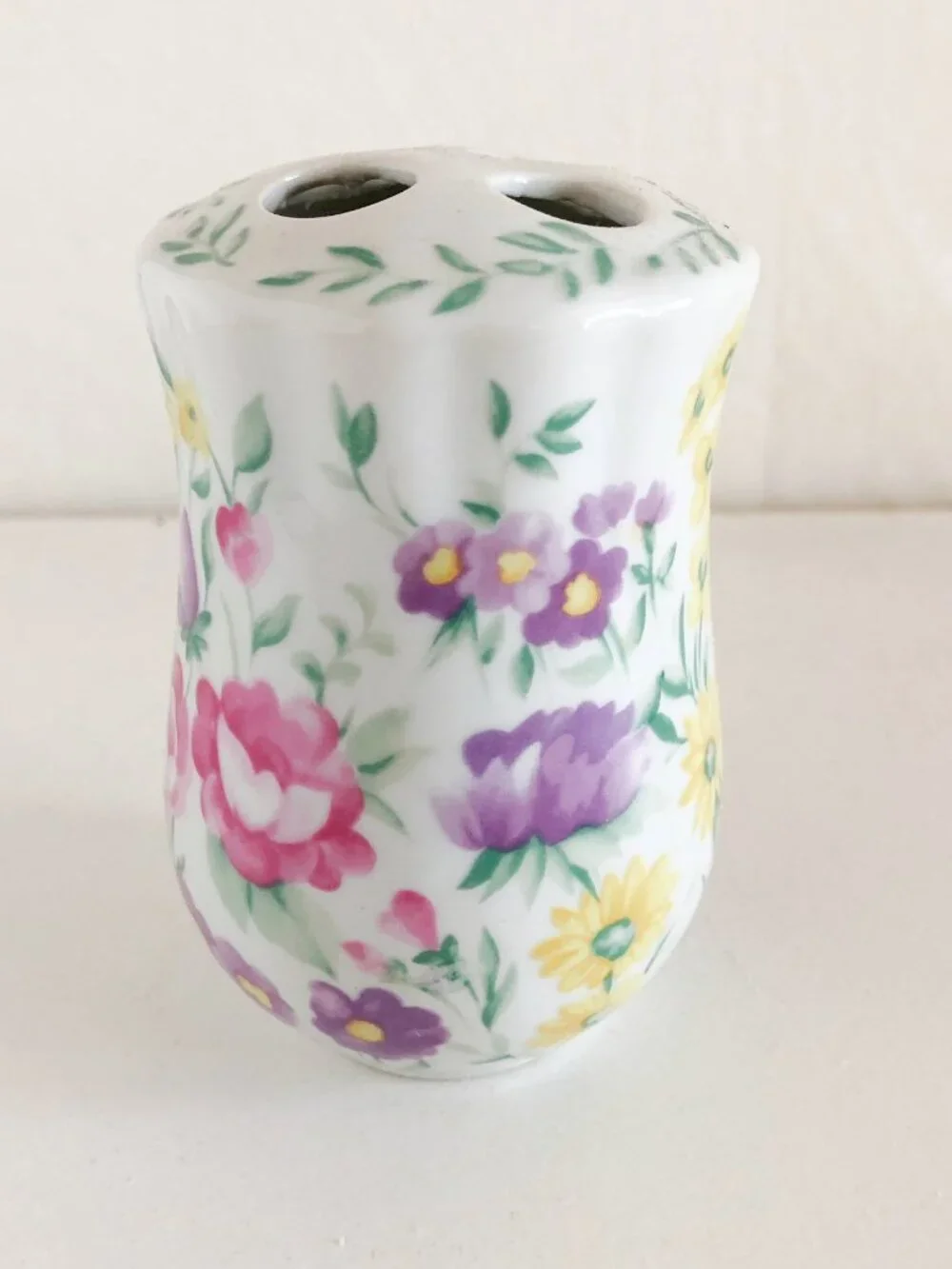Vintage 80s Floral Chintz Ceramic Toothbrush Holder